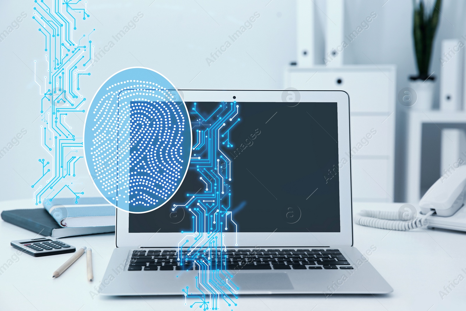 Image of Fingerprint identification. Modern laptop on table indoors