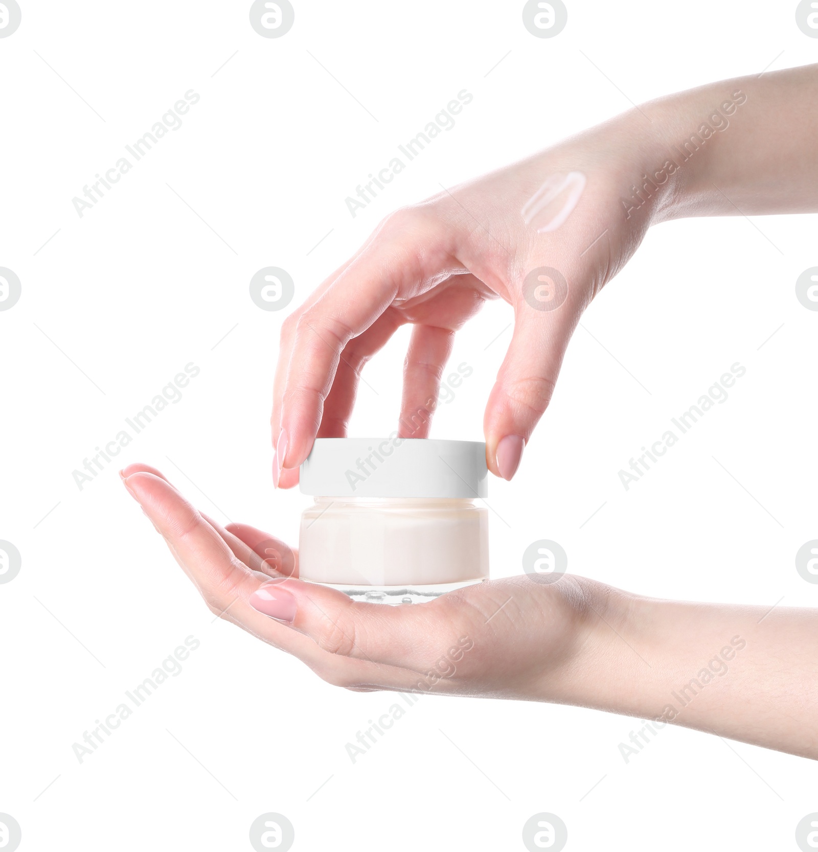 Photo of Woman with jar of cream isolated on white, closeup