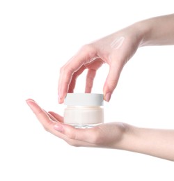 Woman with jar of cream isolated on white, closeup