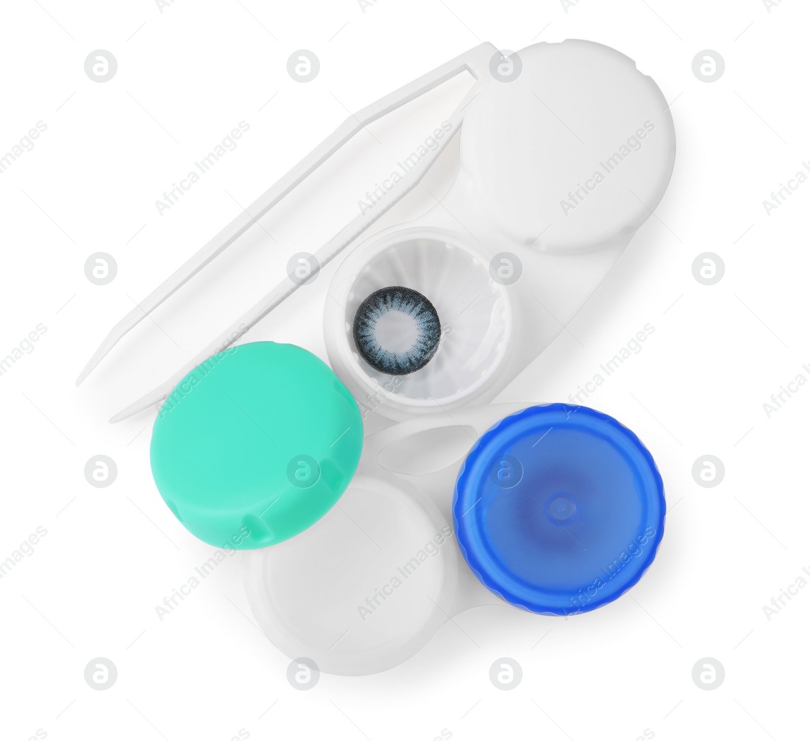 Photo of Cases with color contact lenses and tweezers isolated on white, top view