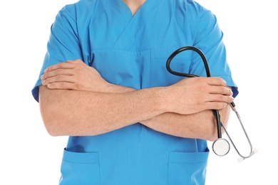 Photo of Medical assistant with stethoscope on white background, closeup