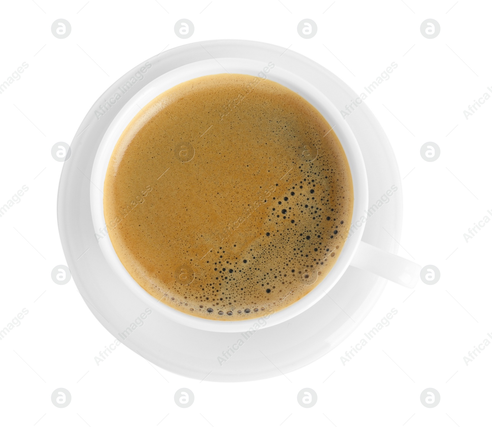 Photo of Cup of tasty coffee isolated on white, top view