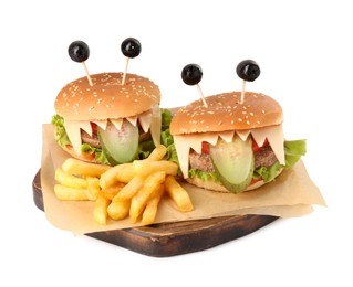 Cute monster burgers served with french fries isolated on white. Halloween party food