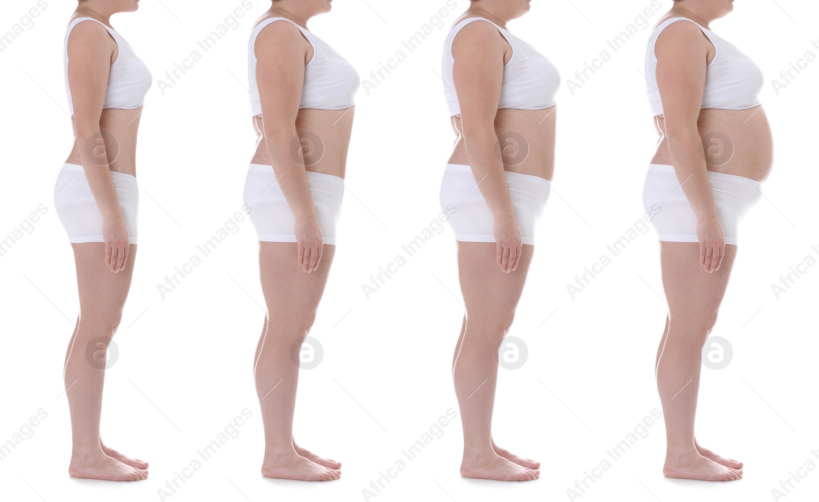 Image of Collage with photos of woman getting fat on white background. Unhealthy diet