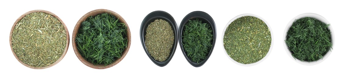 Image of Set with dry and fresh dill on white background, top view. Banner design