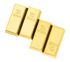 Photo of Shiny gold bars isolated on white, top view
