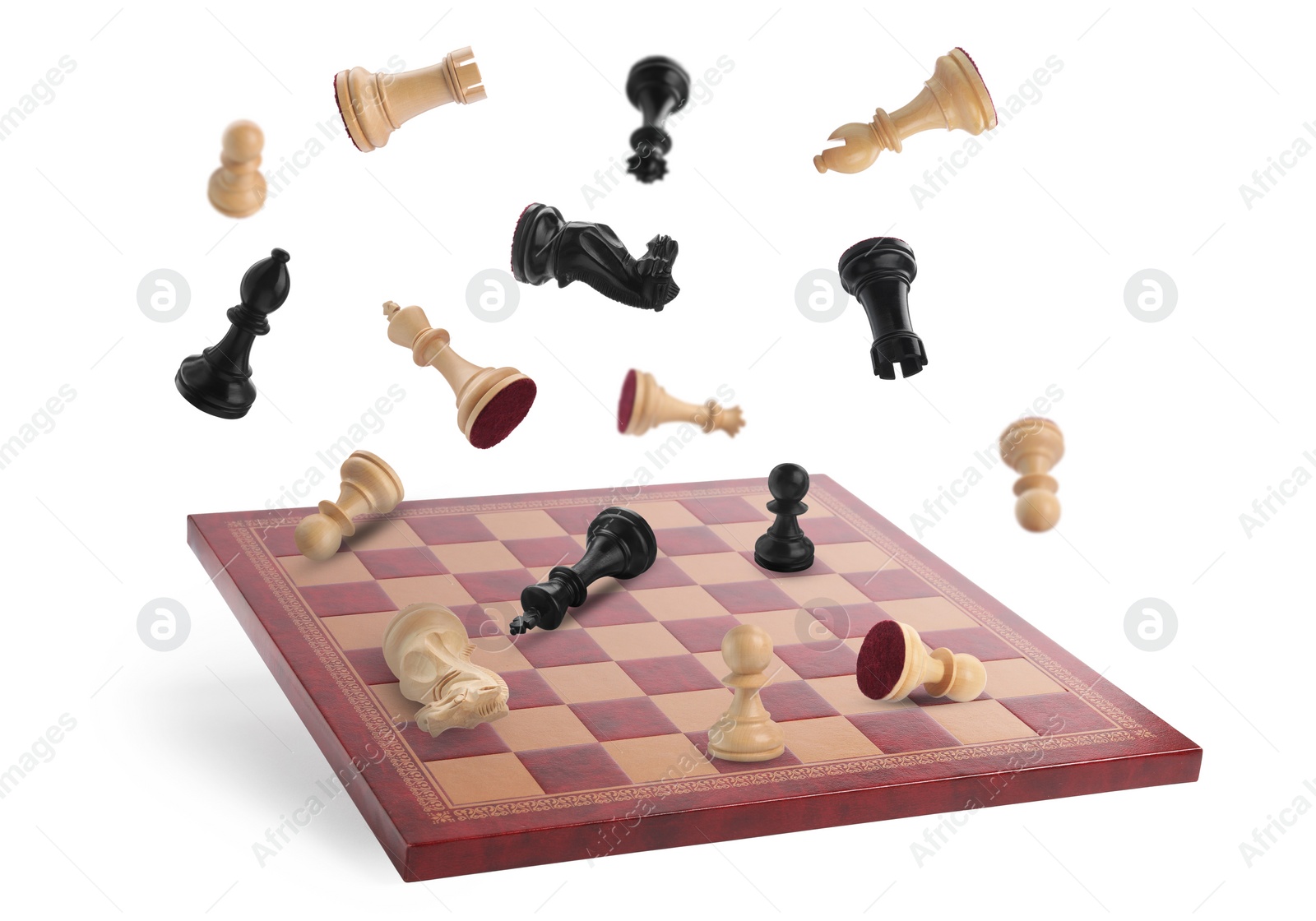 Image of Chess pieces and wooden checkerboard in air on white background