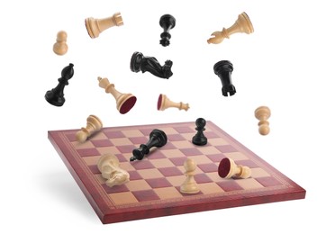 Chess pieces and wooden checkerboard in air on white background