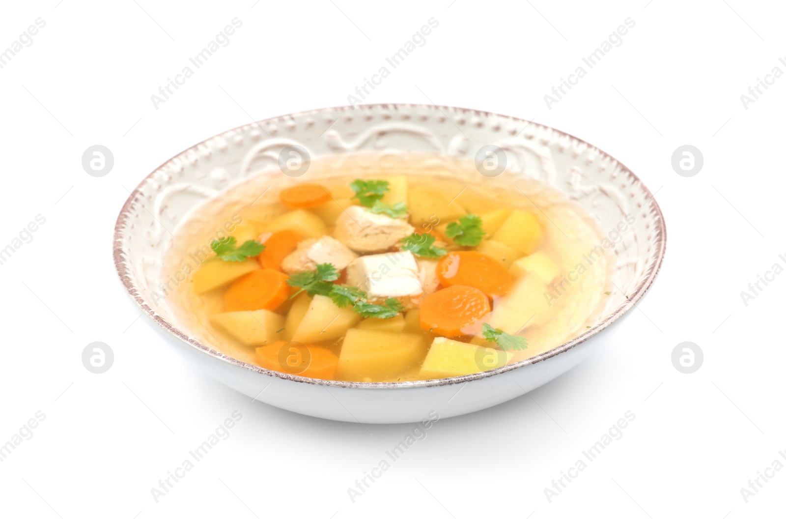 Photo of Dish with fresh homemade chicken soup on white background