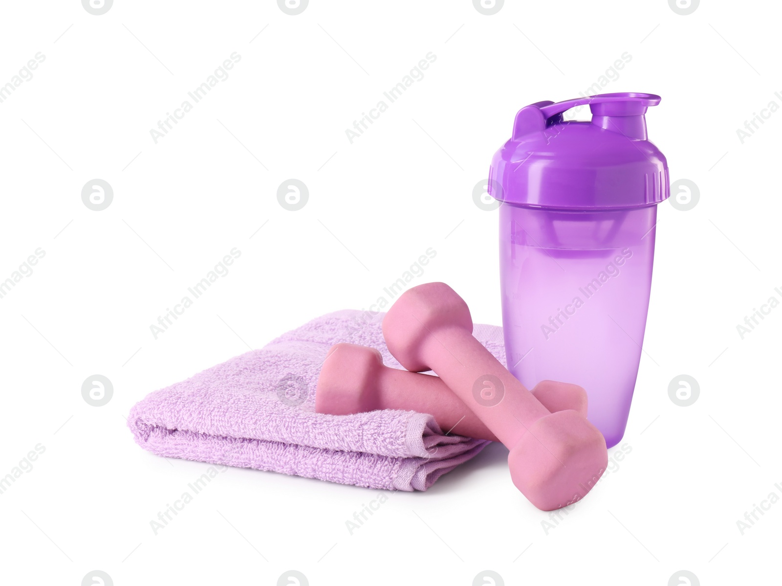 Photo of Dumbbells, water bottle and towel isolated on white