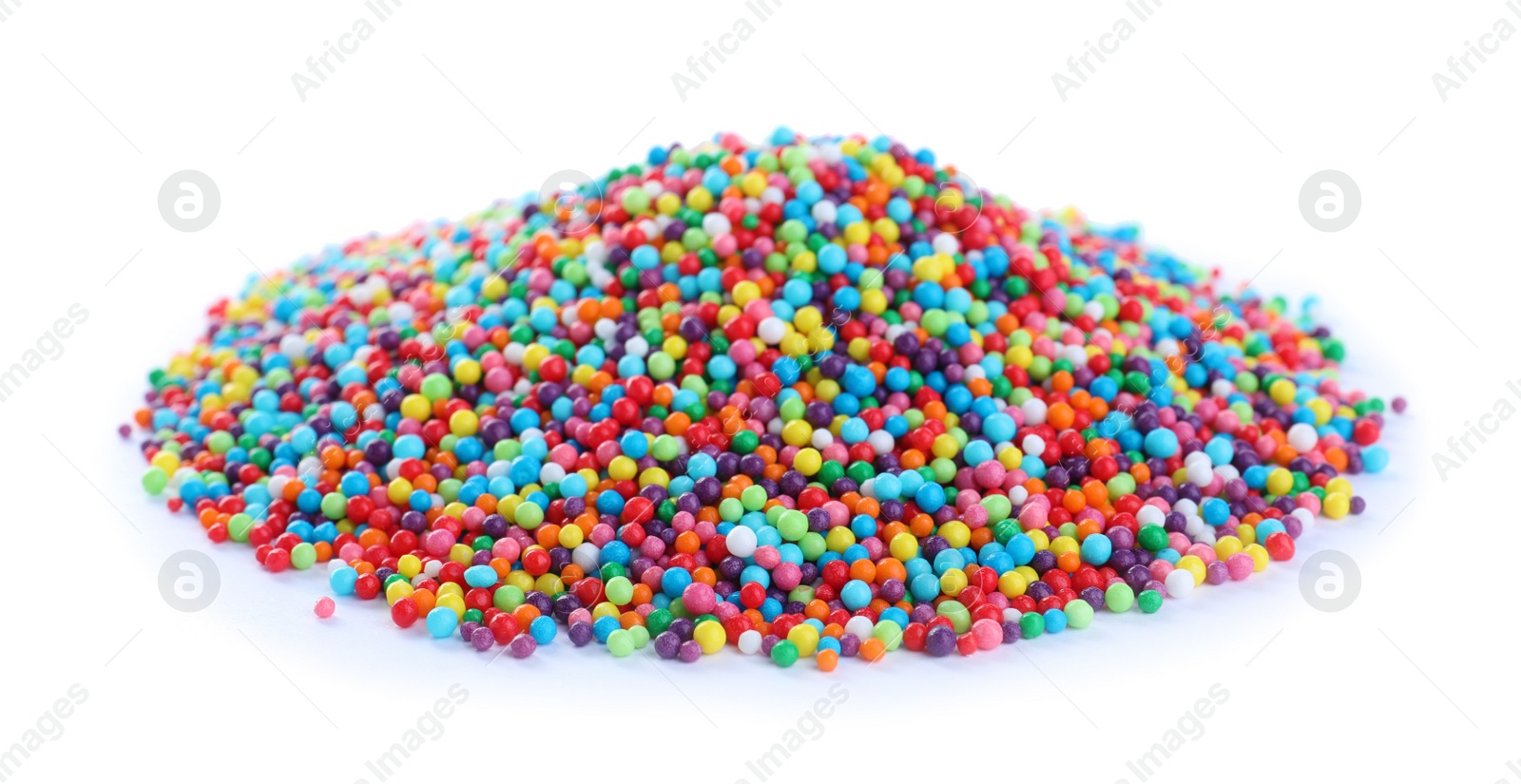 Photo of Pile of colorful sprinkles on white background. Confectionery decor