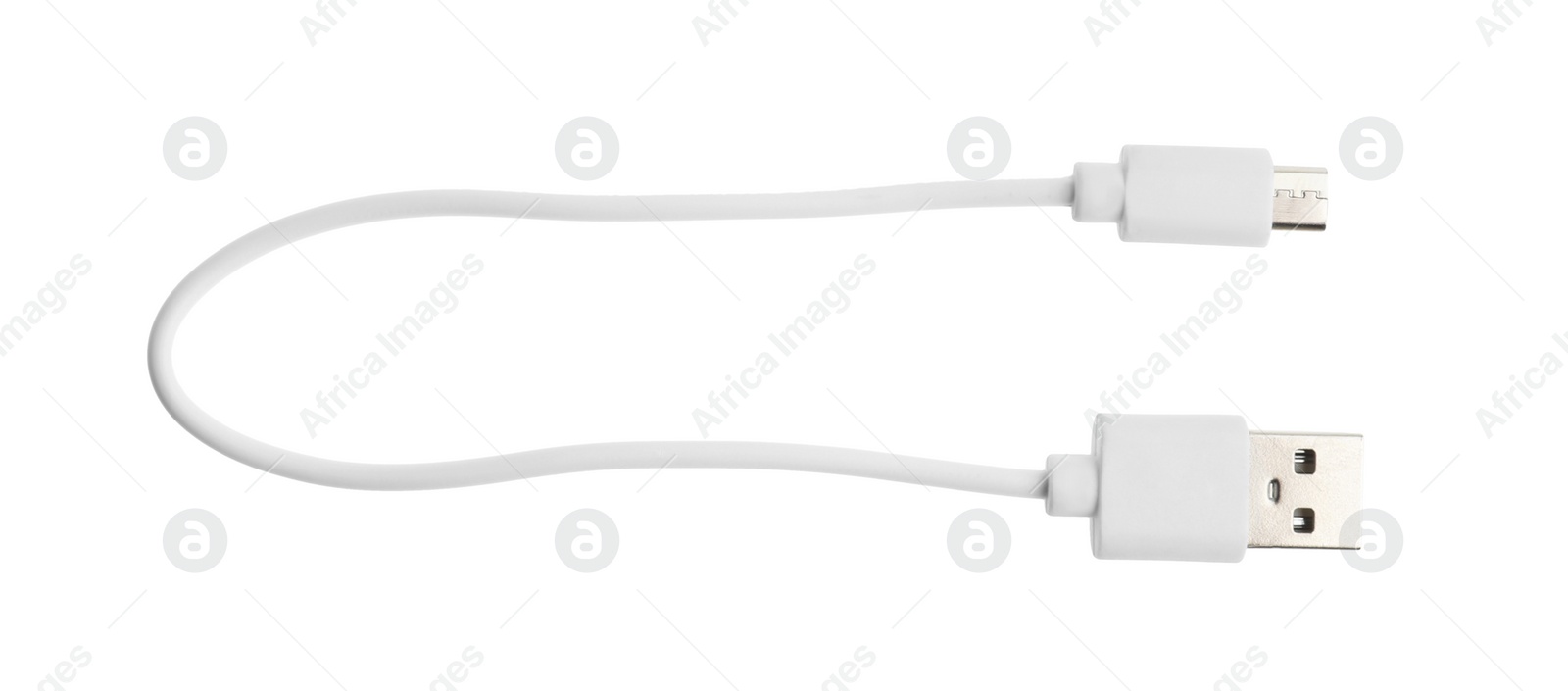 Photo of USB charge cable isolated on white, top view. Modern technology