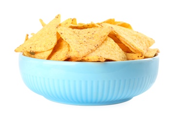 Photo of Bowl with tasty Mexican nachos chips on white background