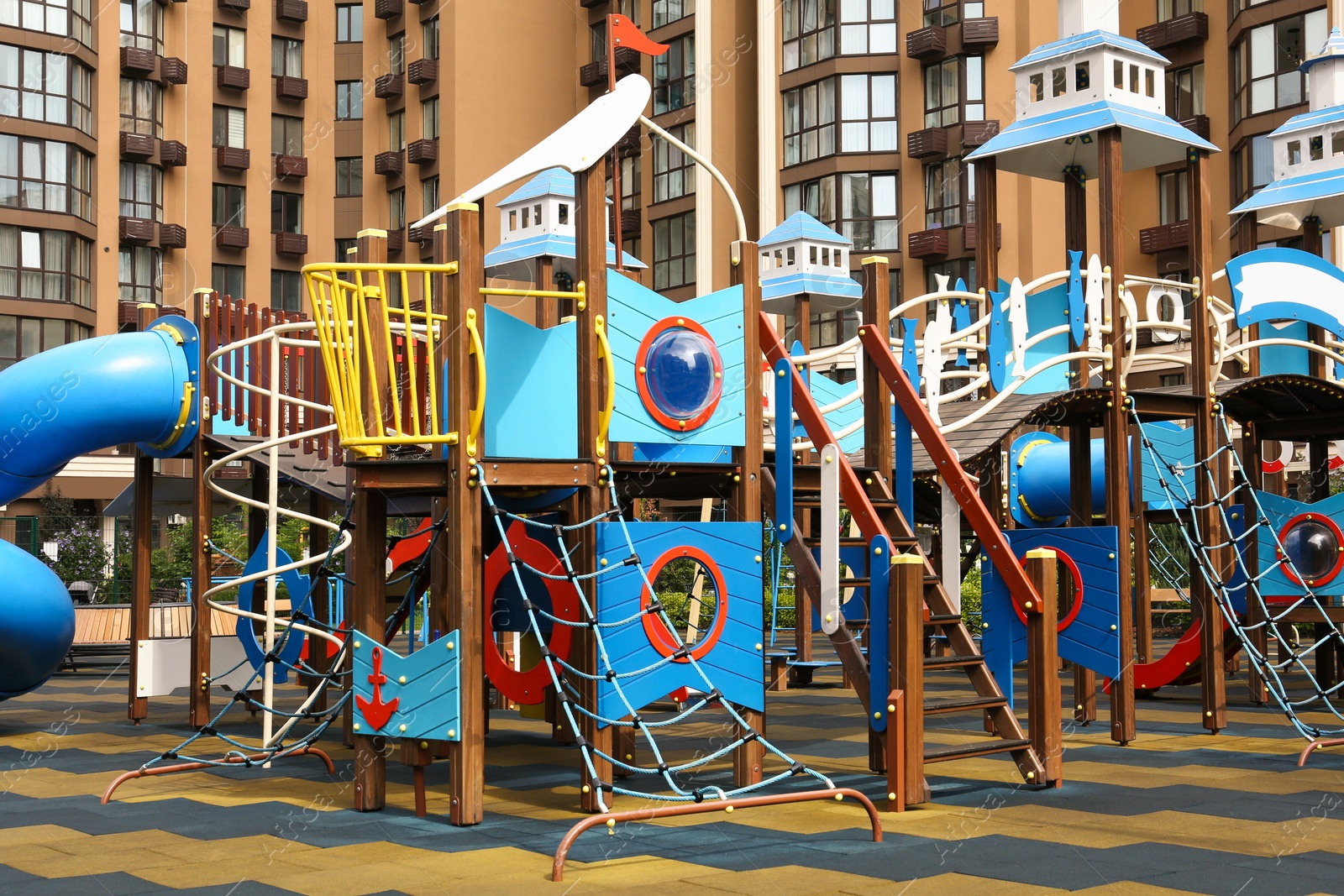 Photo of Empty outdoor children's playground in residential area