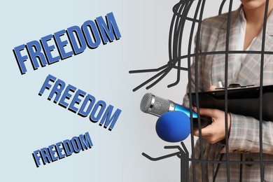 Image of Freedom of speech. Journalist with microphones breaking cage on light background, closeup