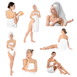 Beautiful women with towels on white background, collage