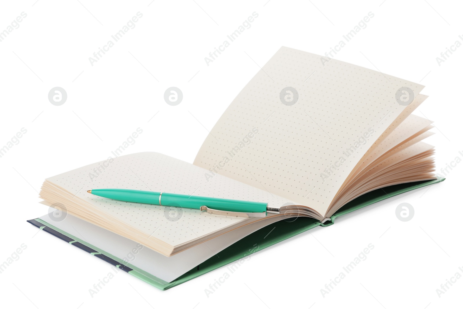 Photo of Stylish open notebook and pen isolated on white