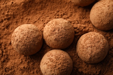 Tasty chocolate truffles on cocoa powder, top view