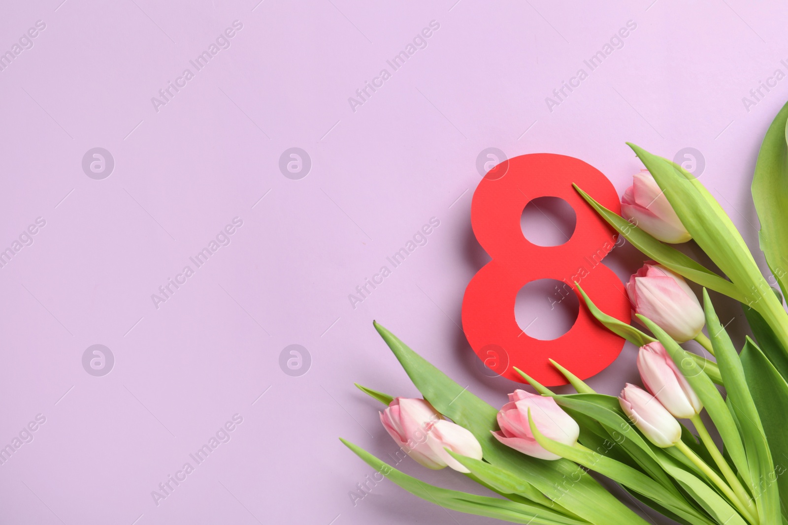 Photo of 8 March card design with tulips and space for text on violet background, flat lay. International Women's Day