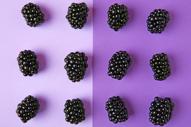 Tasty ripe blackberries on purple background, flat lay