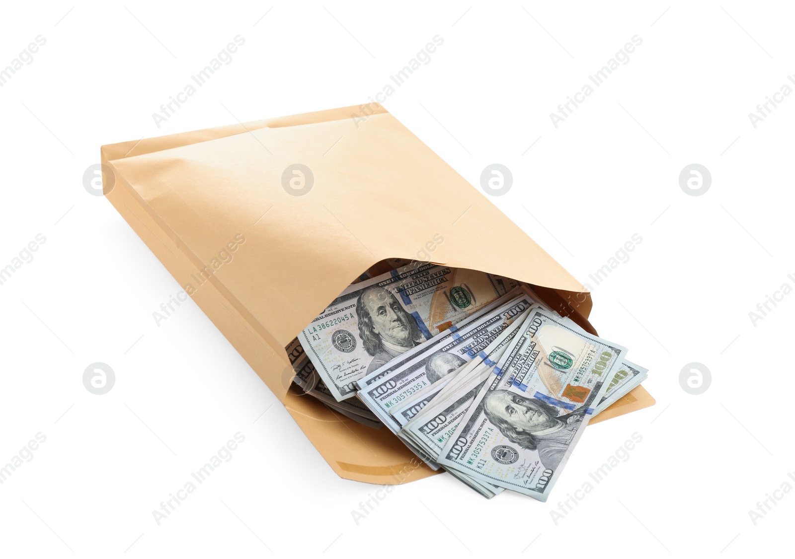 Photo of Envelope with dollar bills isolated on white. Bribe concept