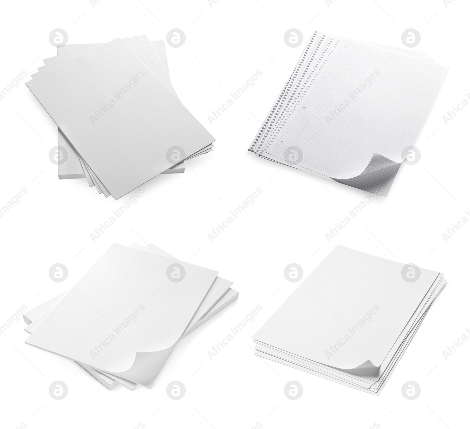 Image of Set with blank sheets of paper on white background