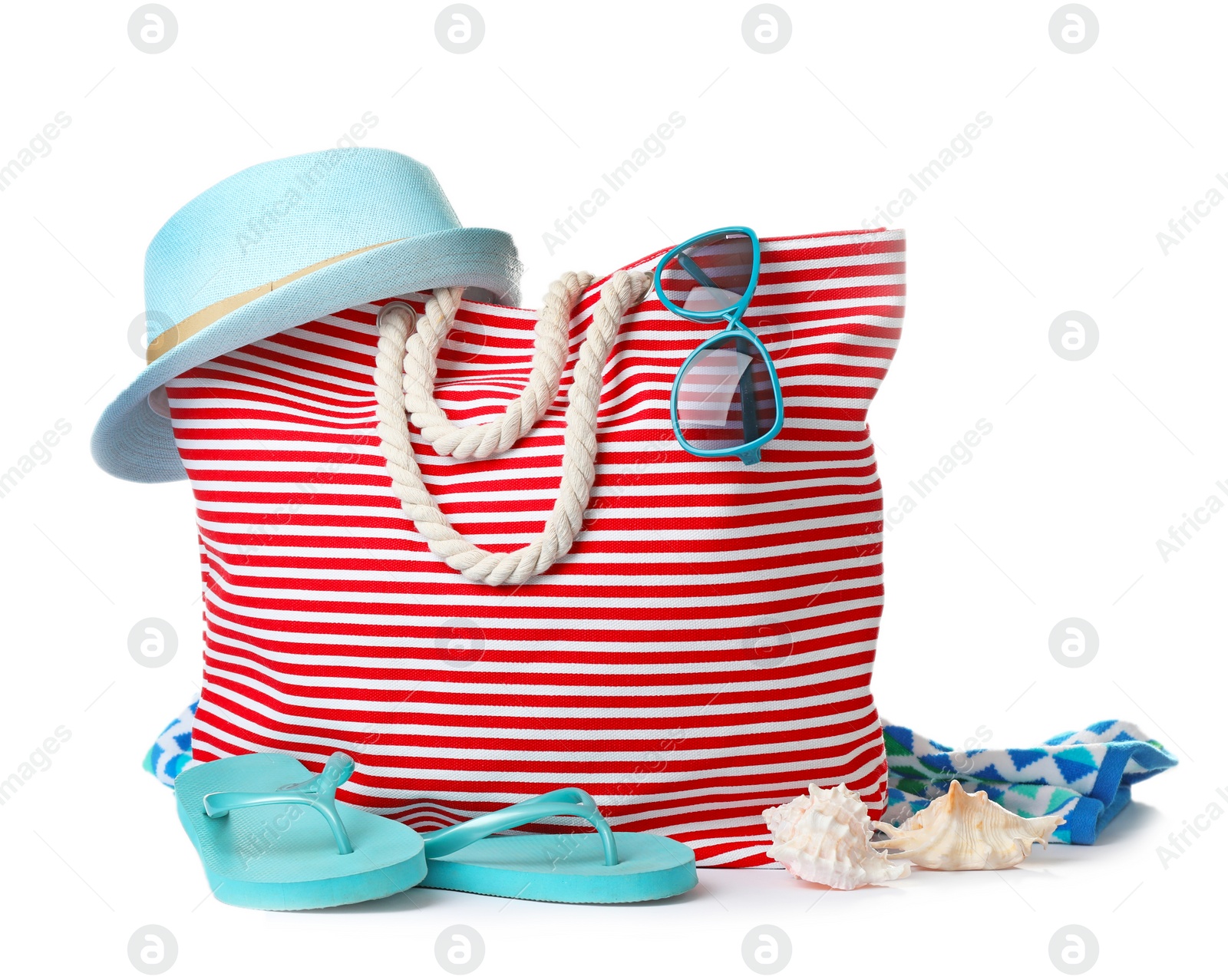 Photo of Composition with beach objects on white background