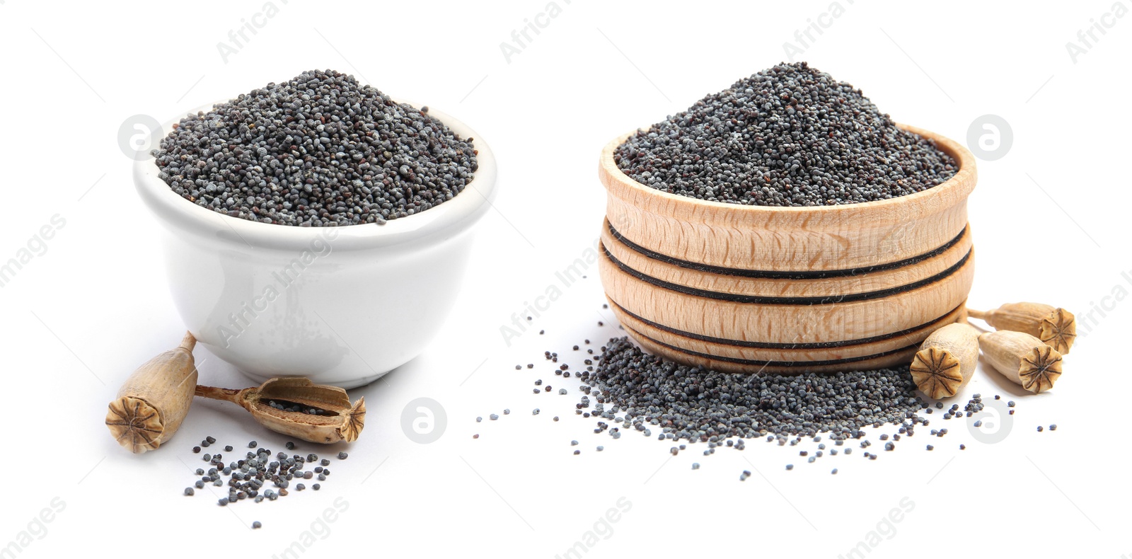 Image of Collage with poppy seeds and dry pods on white background. Banner design