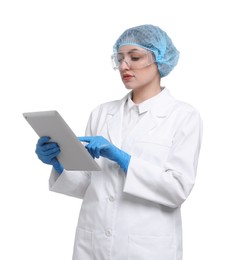 Quality control. Food inspector with tablet on white background