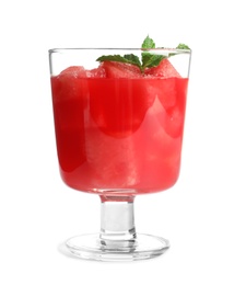 Photo of Tasty summer watermelon drink with mint in glass on white background