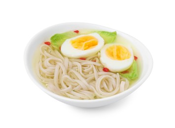 Photo of Bowl of delicious rice noodle soup with celery and egg isolated on white