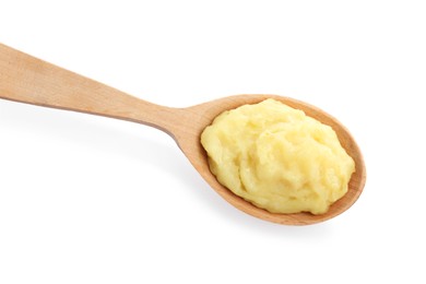 Photo of Wooden spoon of tasty mashed potatoes isolated on white, top view