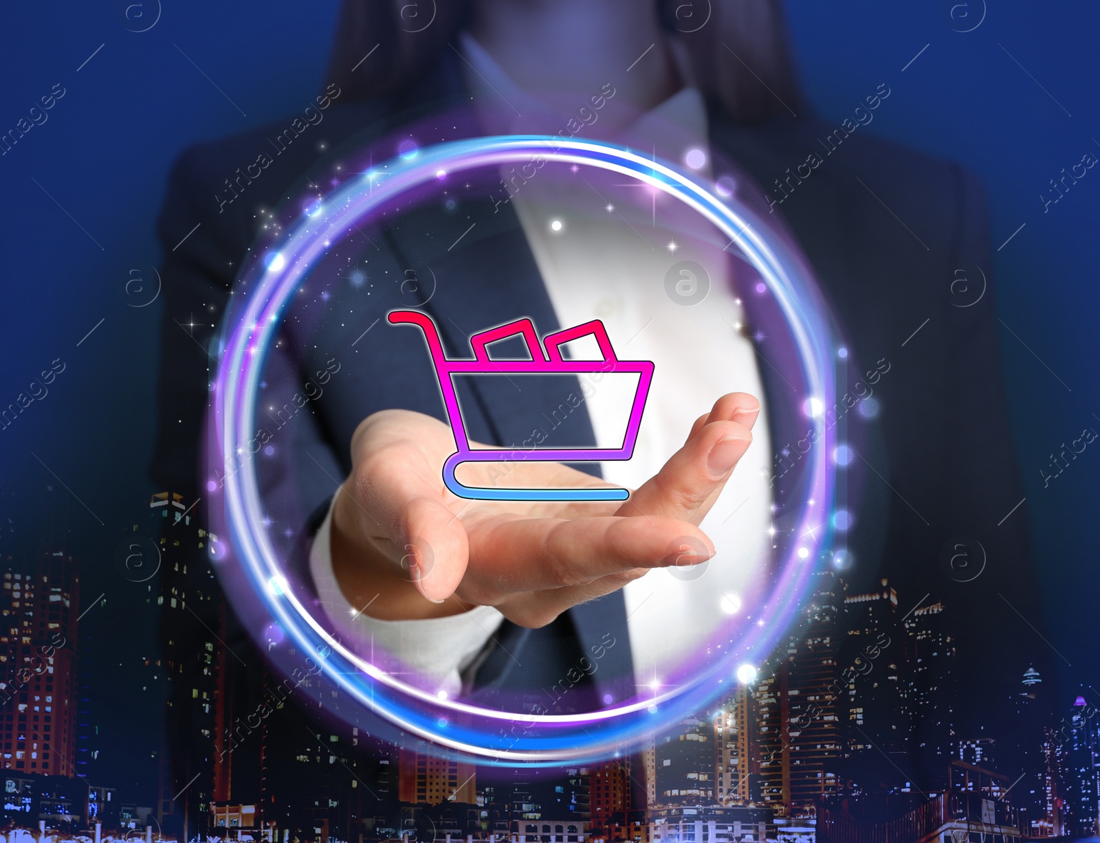 Image of Online shopping. Woman demonstrating cart illustration against cityscape, closeup