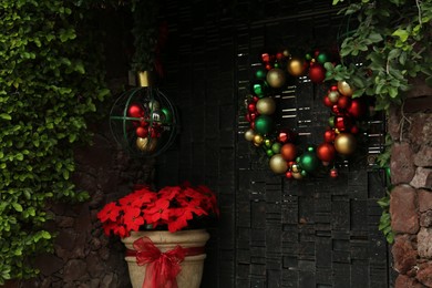 Photo of Christmas traditional poinsettia flower and wreath with colorful baubles near entrance outdoors. Festive street decorations