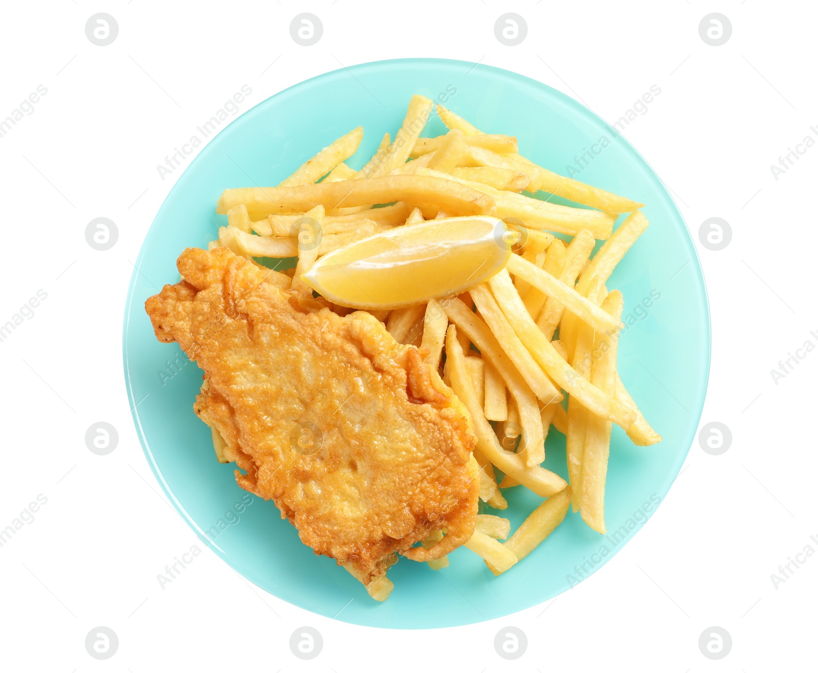 Photo of Plate with British Traditional Fish and potato chips on white background, top view