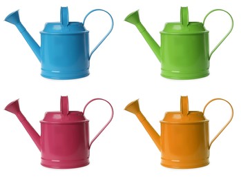 Set with different watering cans on white background