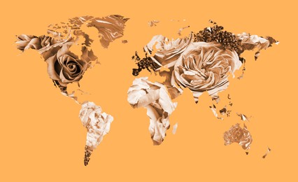Image of World map made of beautiful flowers on orange background, banner design