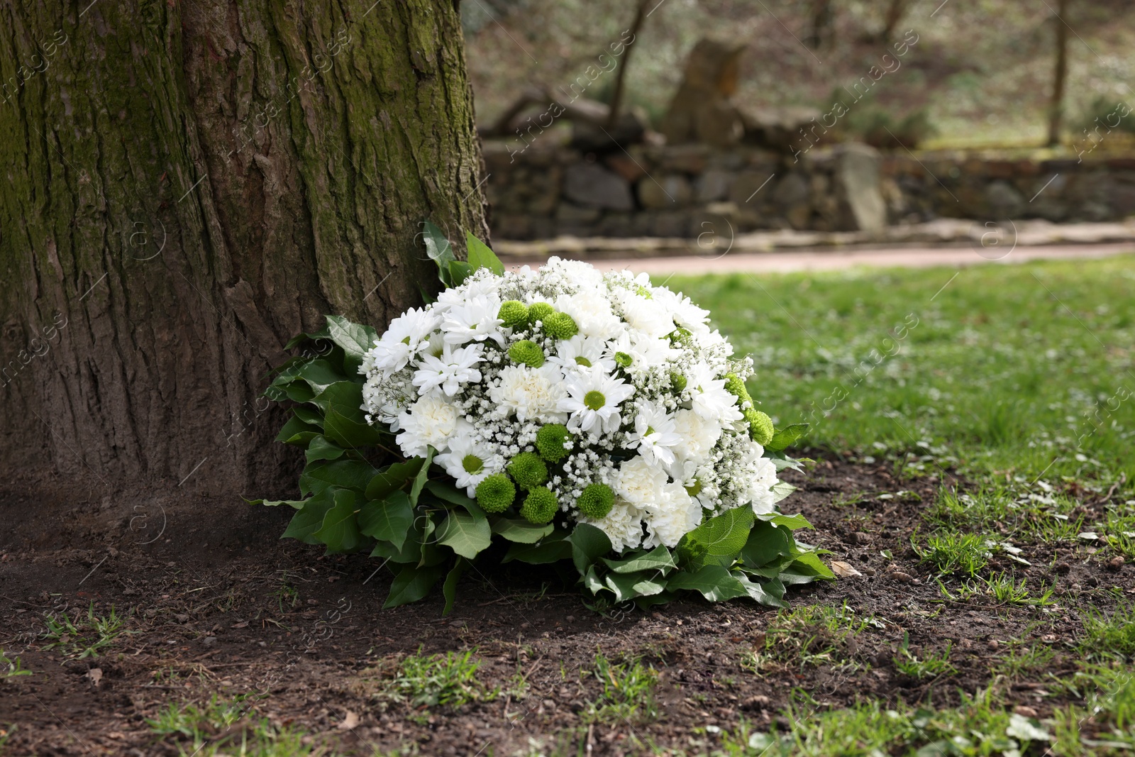 Photo of Funeral wreath of flowers near tree outdoors