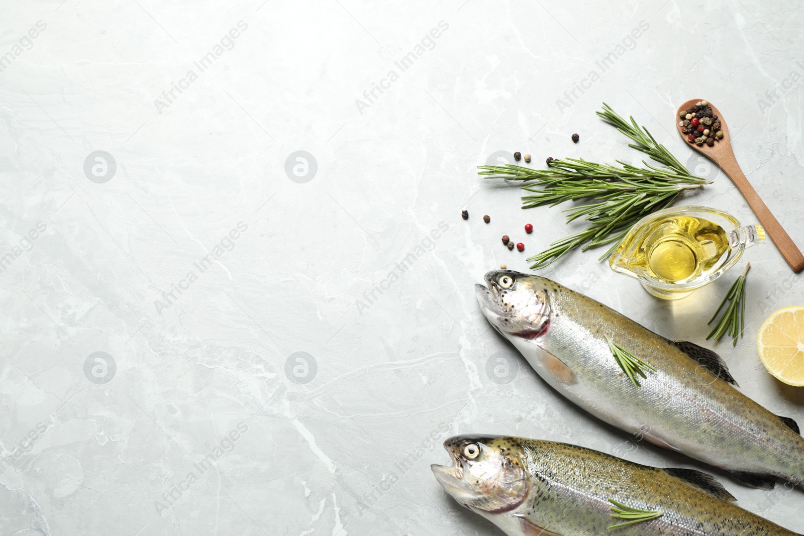 Photo of Raw cutthroat trout fish on light grey marble table, flat lay. Space for text