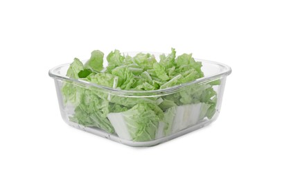 Glass container with fresh cabbage isolated on white