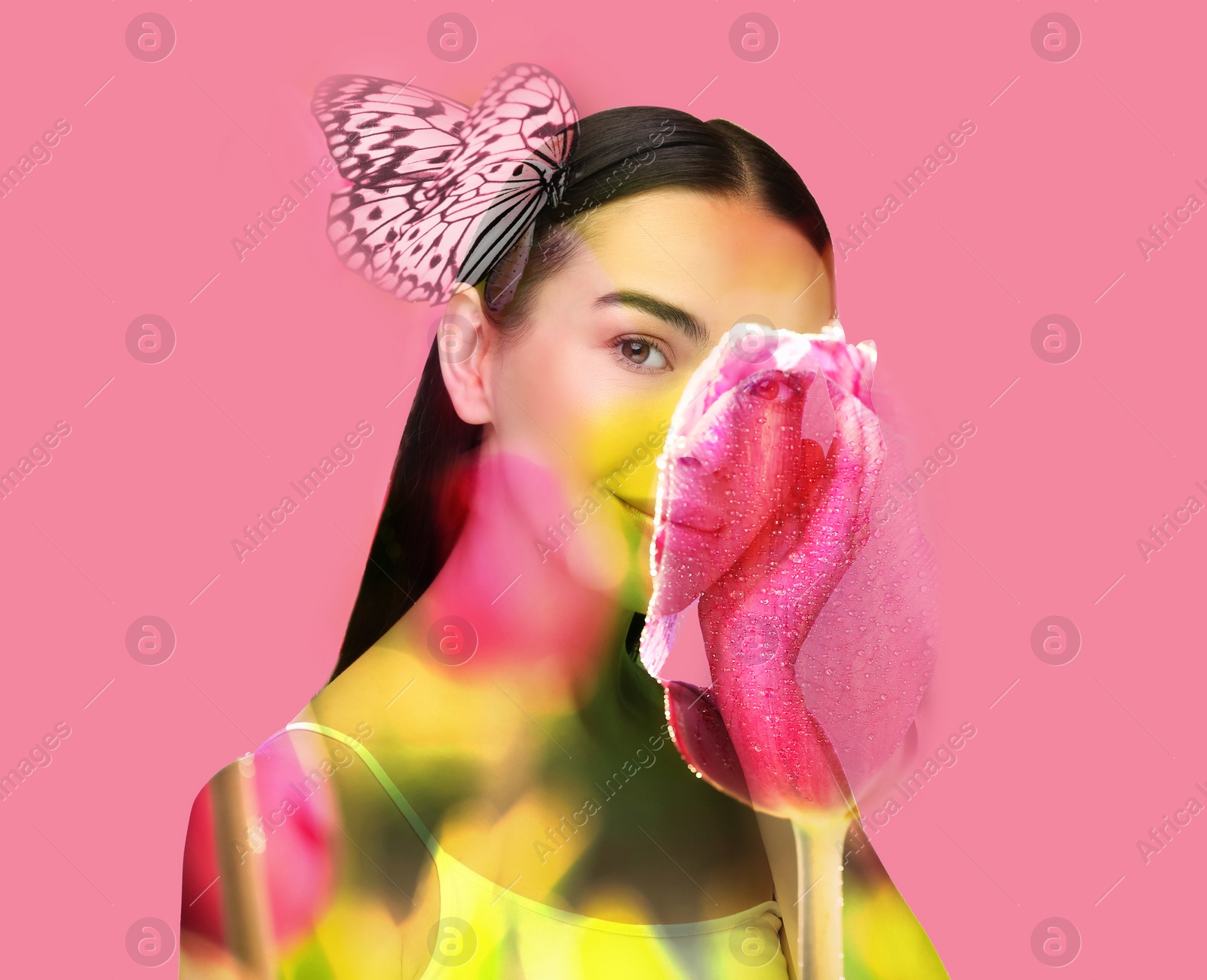 Image of Double exposure of beautiful woman, blooming flowers and butterfly on pink background