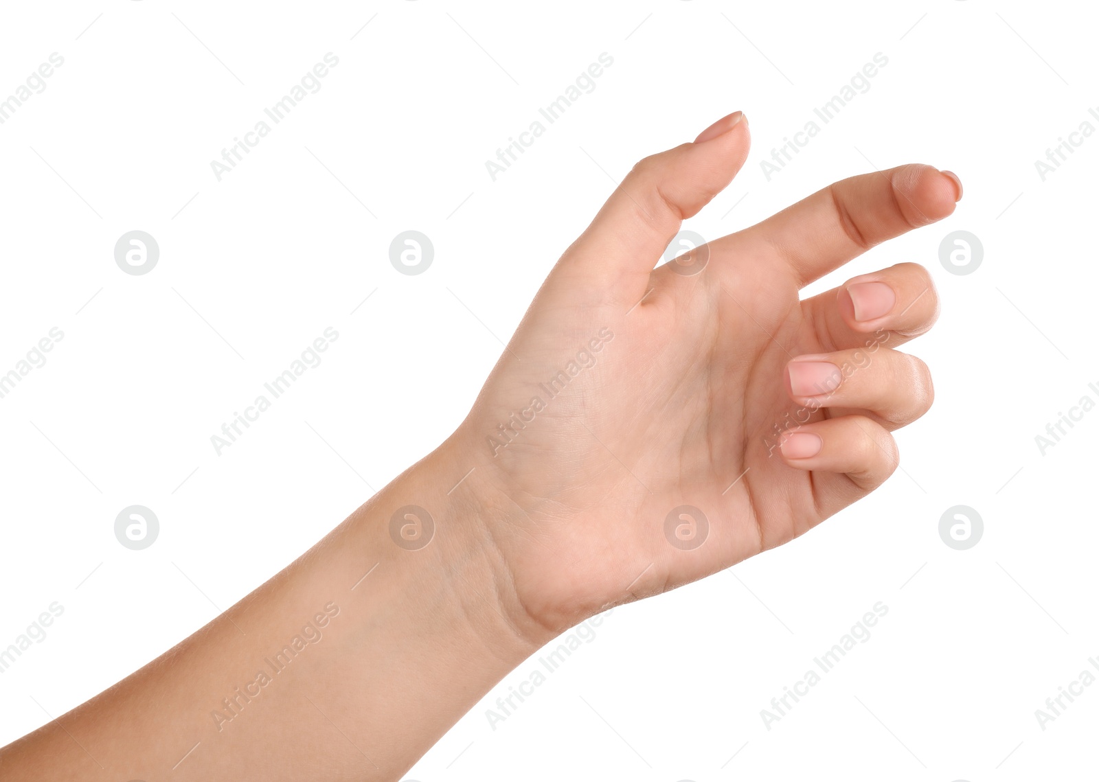 Photo of Woman holding something on white background, closeup of hand