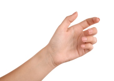 Woman holding something on white background, closeup of hand