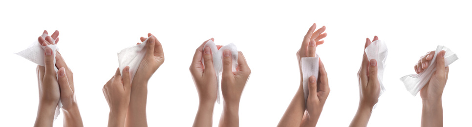 Image of Closeup view of people cleaning hands with wet wipes on white background, collage. Banner design