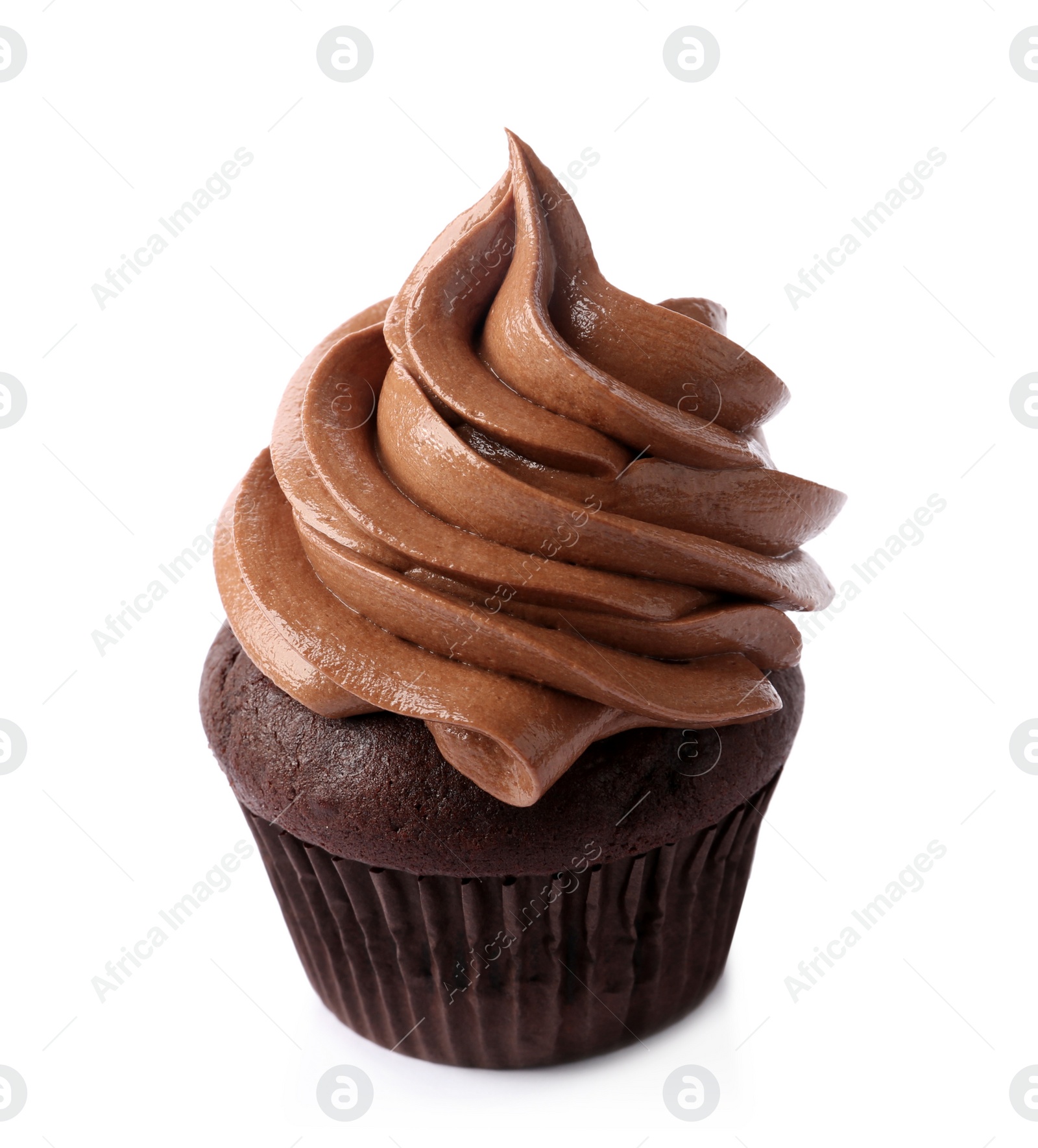 Photo of Delicious chocolate cupcake with cream isolated on white