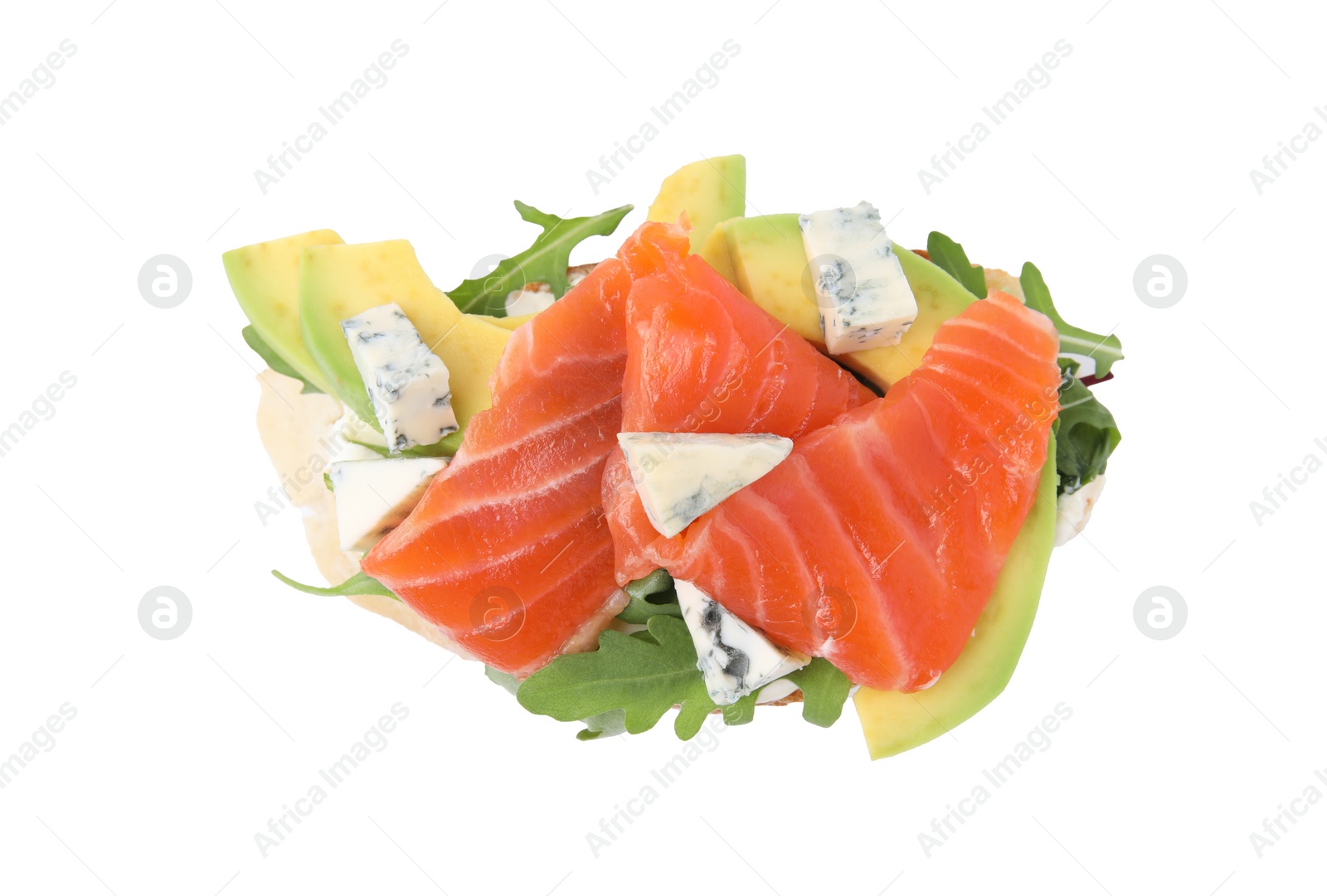 Photo of Tasty bruschetta with salmon, avocado and cheese on white background, top view