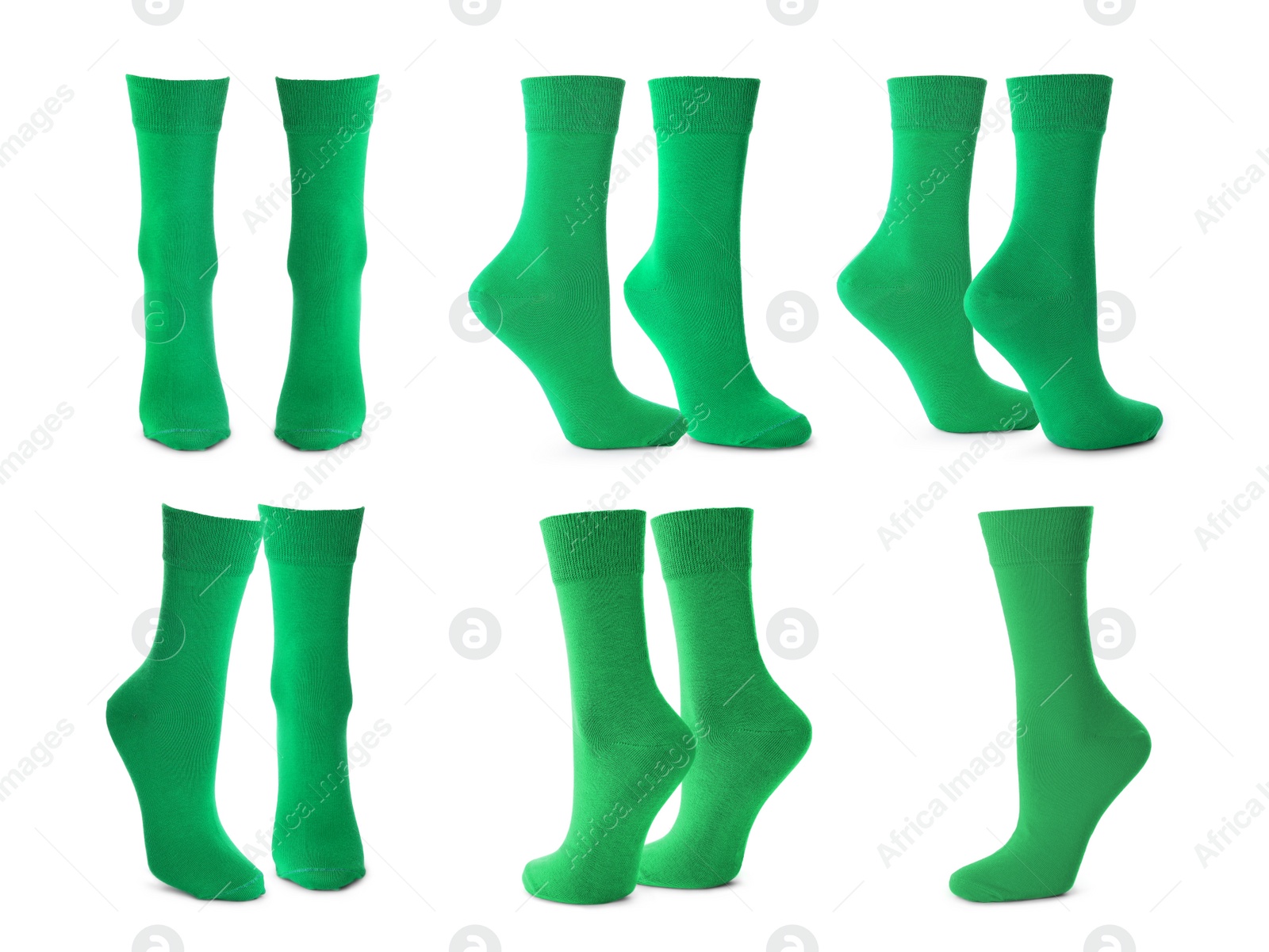 Image of Pairs of bright green socks on white background, collage