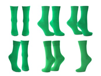 Pairs of bright green socks on white background, collage