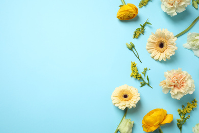 Floral composition with beautiful flowers on light blue background, flat lay. Space for text