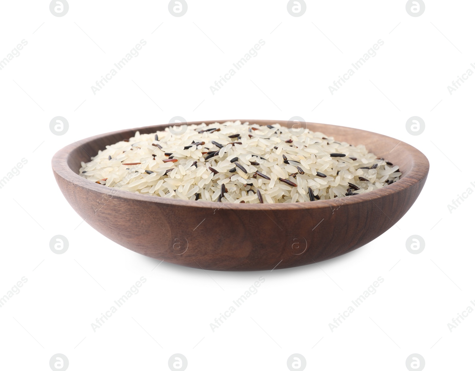 Photo of Mix of brown and polished rice in wooden bowl isolated on white